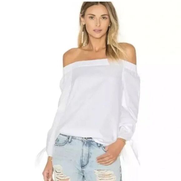 Free People White Show Some Shoulder Cotton Tie Sleeve Off Shoulder Top Small - Picture 1 of 9